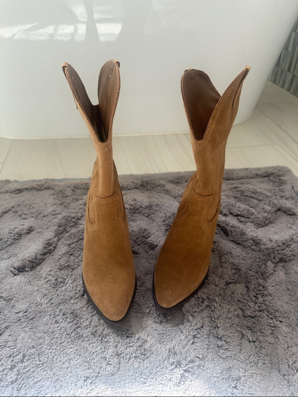 Suede Mid-Calf Western Boots in Brown
